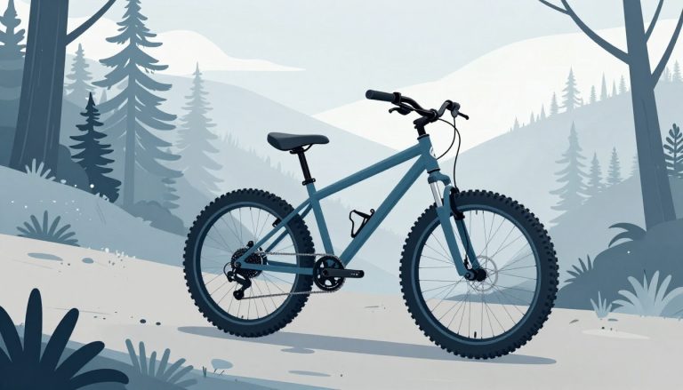 Un vélo tout-terrain ancien posé sur un sentier forestier brumeux.