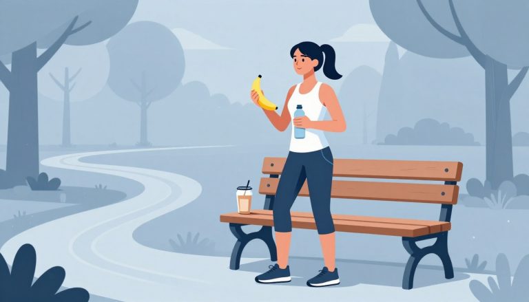 Une coureuse près d’un banc tient une banane et une gourde après son entraînement.