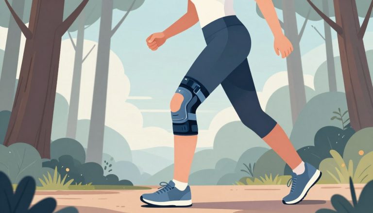 Une sportive court en forêt avec une genouillère au genou gauche.