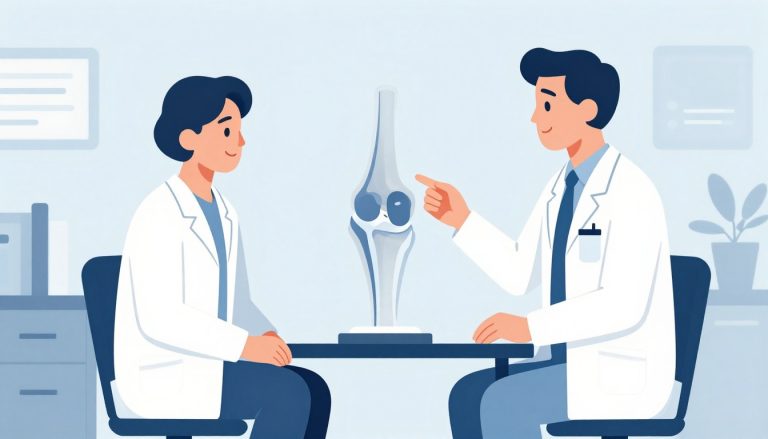 Un chirurgien montre à un patient un modèle du genou illustrant l’usure du cartilage.