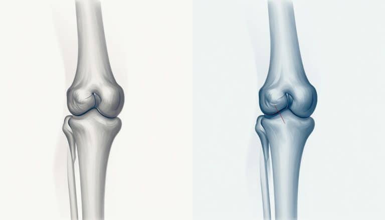 Comparaison de deux genoux : ménisque intact à gauche, fissure visible à droite.