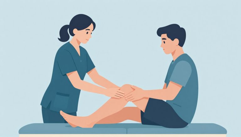 Une thérapeute guide le genou droit d’un patient assis sur un support bleu clair.