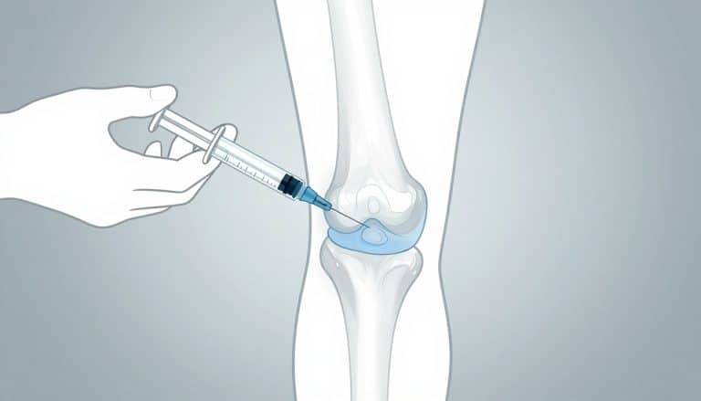 Un genou illustré avec une seringue et du liquide synovial.