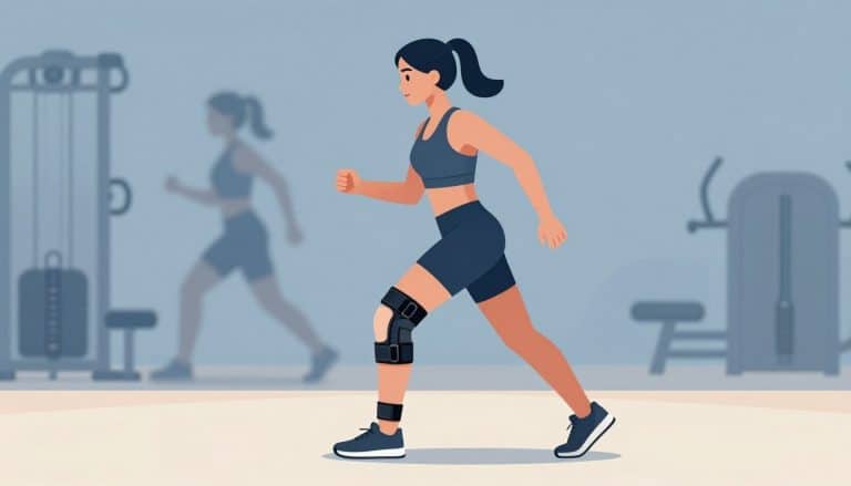 Une sportive porte une genouillère à la jambe droite dans une salle de sport.