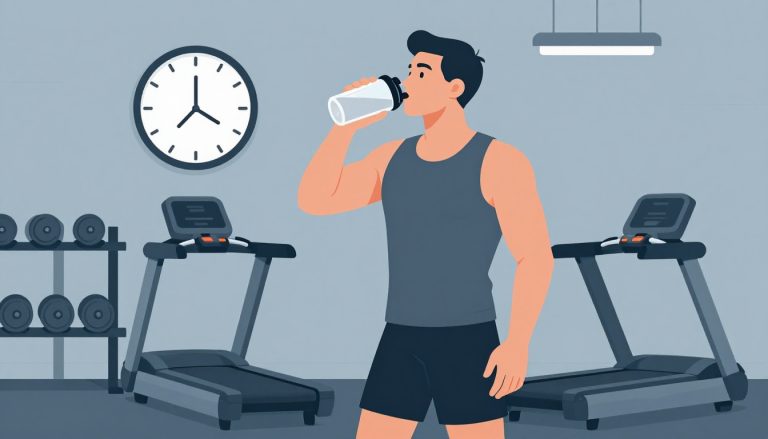 Un athlète boit dans un shaker au milieu d’une salle de sport.