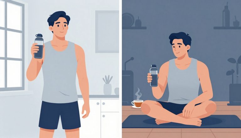 Un homme tient un verre d’eau près d’un flacon le matin, puis boit du thé dans une salle de sport tamisée.