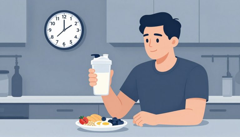Un homme tient un shaker protéiné devant une horloge affichant 7 h, avec un petit-déjeuner équilibré à proximité.