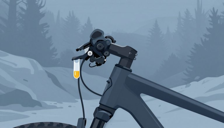 Levier de frein VTT légèrement tiré, avec une goutte de liquide ambré.