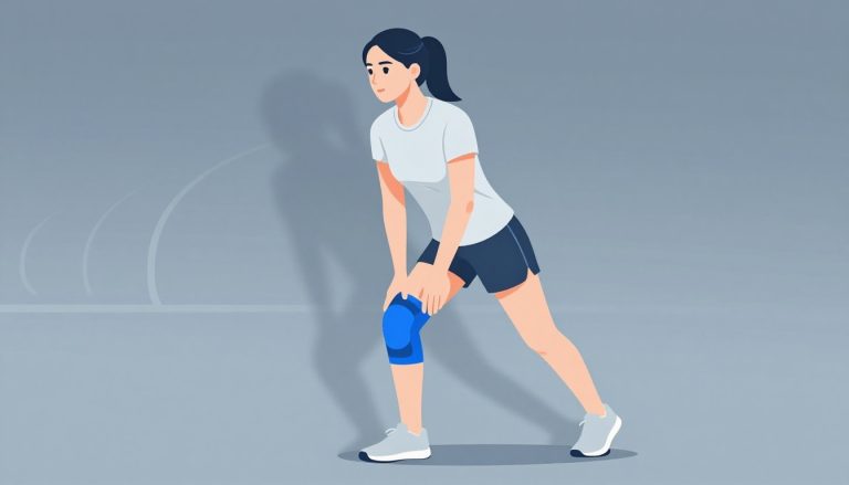 Une sportive fléchit doucement son genou droit, avec une genouillère bleue.