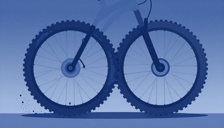 Une roue de VTT montre un pneu usé à gauche et un pneu neuf à droite.