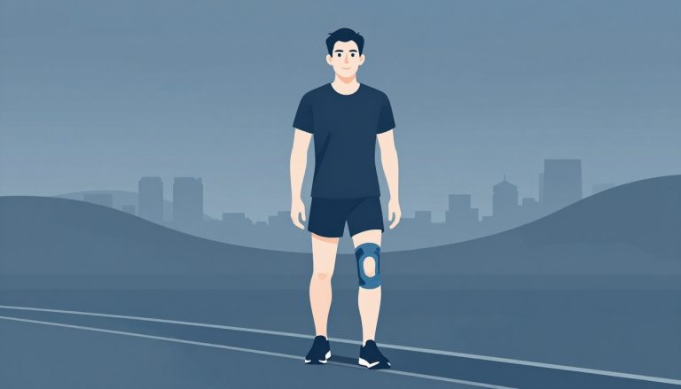 Un coureur debout sur une piste, avec un genou légèrement relevé et une genouillère bleue.