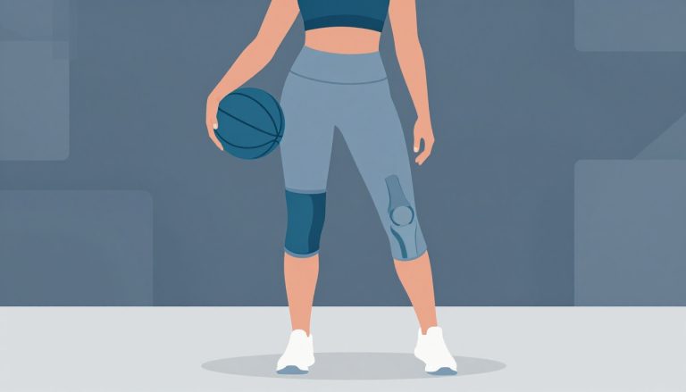 Une sportive avec une genouillère et un ballon, montrant un tendon du genou.