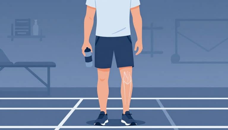 Un sportif tient une bouteille et touche son genou droit sur une piste.