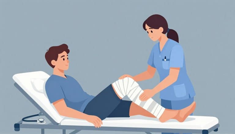 Un homme sur un brancard, le genou immobilisé, examiné par une ambulancière.