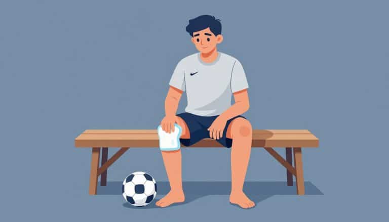 Un jeune footballeur assis avec une poche de glace sur le genou gauche.