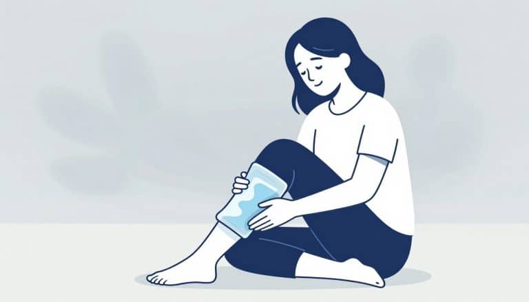 Une femme pose une poche de glace sur son genou droit, avec une genouillère à proximité.