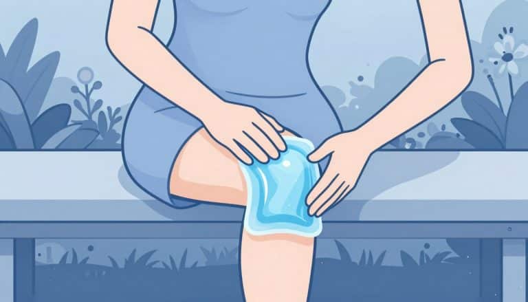 Une femme sur un banc garde sa jambe surélevée avec une poche de glace sur le genou.