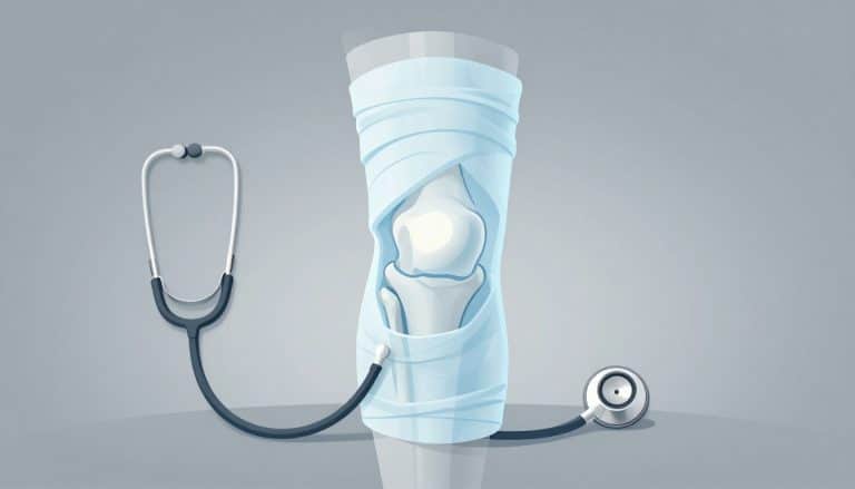 Illustration d’un genou avec le ménisque, une poche de glace et un stéthoscope.