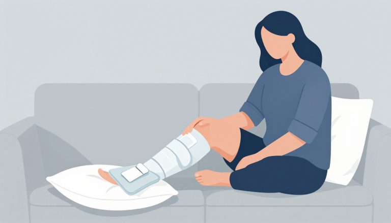 Une femme garde son genou gonflé surélevé avec une poche de glace.