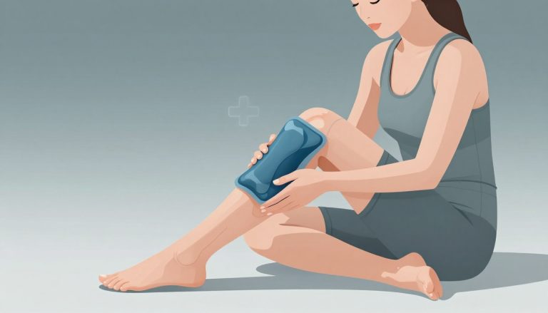 Une femme applique une poche de glace sur son genou droit.