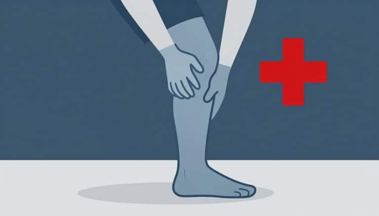 Une main gantée soutient un genou fléchi et légèrement gonflé près d’une croix médicale rouge.