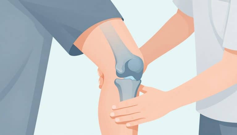 Un physiothérapeute soutient un genou dont le ménisque blessé est coloré en bleu.