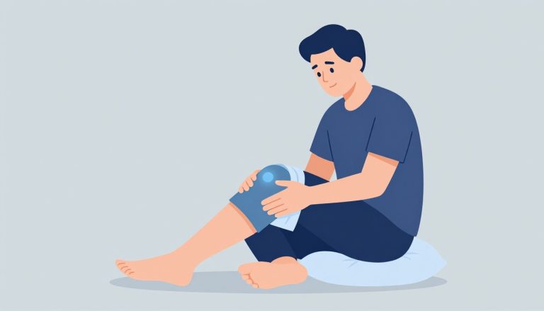 Un homme assis avec la jambe surélevée et une poche de glace sur le genou gonflé.