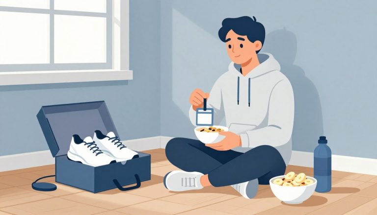 Un coureur assis près de chaussures, d’un dossard, d’une gourde et d’un bol d’avoine.