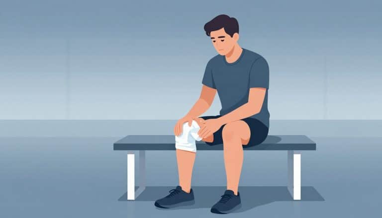 Un coureur applique du froid sur son genou gauche blessé.