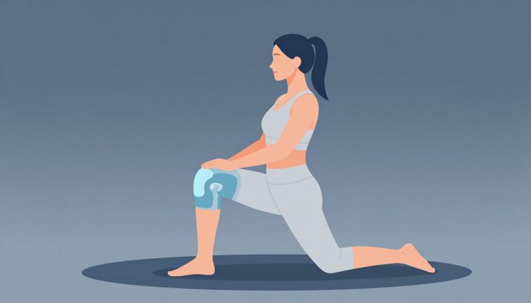 Une femme assise effectue une extension du genou avec une genouillère bleu pâle.