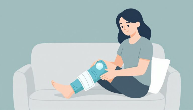 Une femme repose son genou gonflé sur un coussin avec une poche de glace.