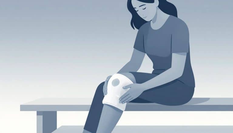 Une femme applique une poche de glace enveloppée sur son genou droit.