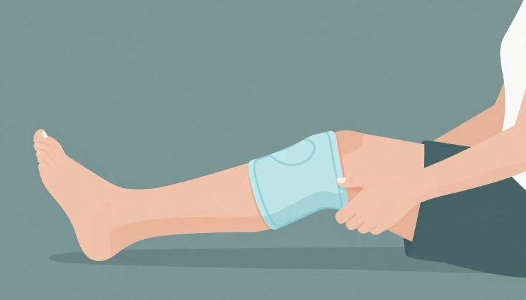 Jambe surélevée avec genou gonflé enveloppé dans une poche de glace.