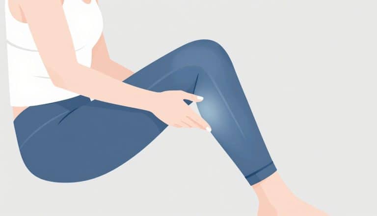 Une femme assise touche l’arrière de son genou gauche, légèrement mis en évidence en bleu.