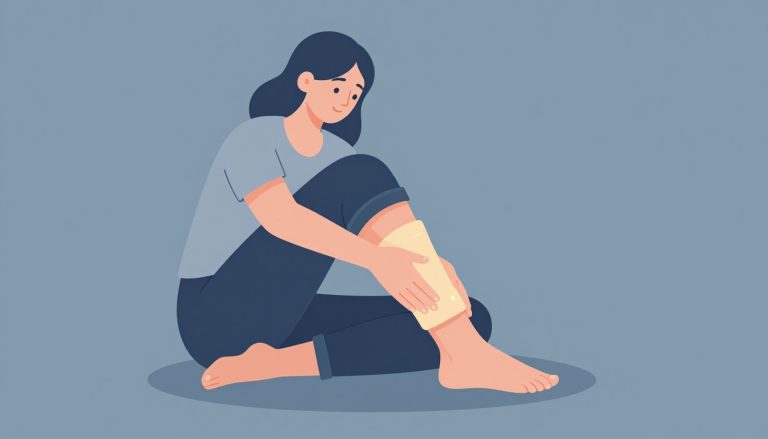 Une femme surélève sa jambe avec une poche de glace sur le genou gonflé.