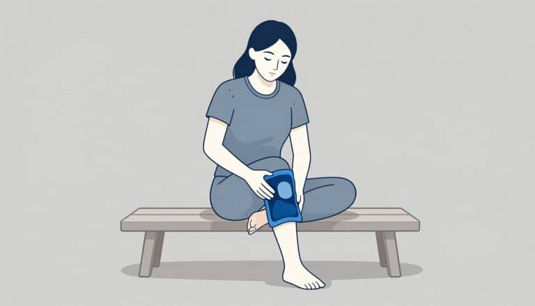 Une femme tient une poche de glace bleue sur son genou droit.