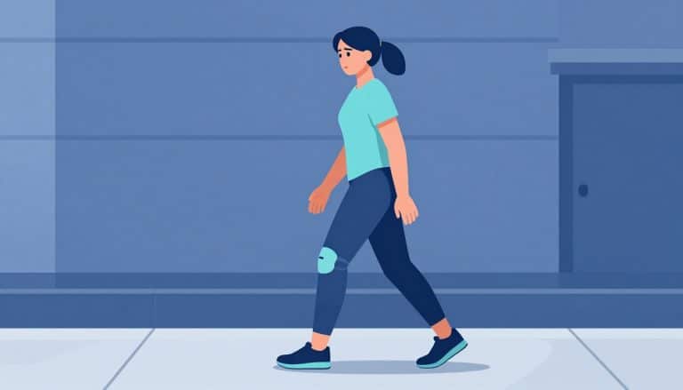 Une femme se tient le genou, arrêtée en pleine marche.