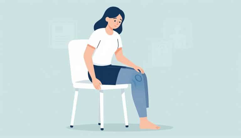 Une femme assise montre un genou douloureux légèrement gonflé.