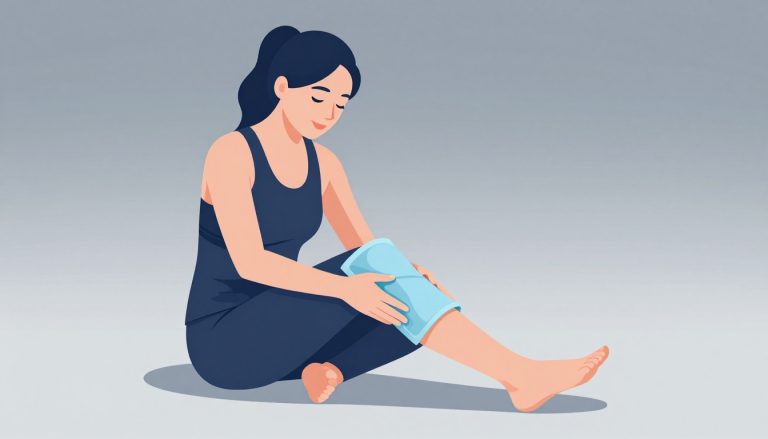 Une femme assise soutient sa jambe droite, avec une poche de glace sur le genou.
