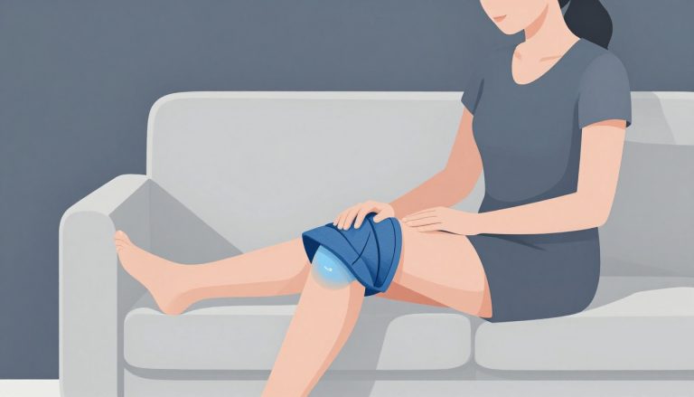 Femme assise avec le genou gonflé, surélevé sur un coussin et refroidi par une poche de glace.