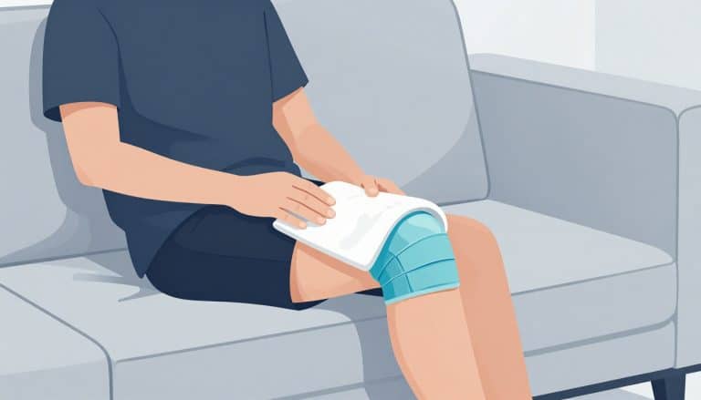 Une personne pose sa jambe sur un coussin avec une poche de glace sur le genou.