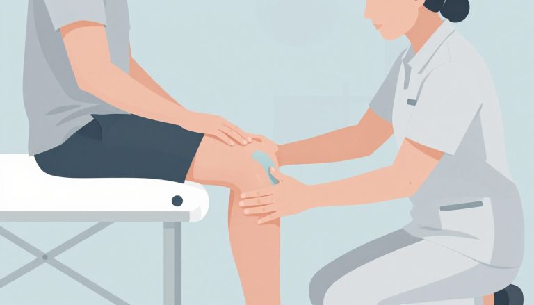 Un kinésithérapeute soutient le genou d’un homme assis sur un banc blanc.