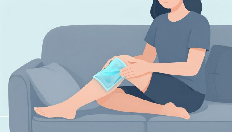 Une femme assise sur un canapé avec une poche de glace sur le genou gonflé.
