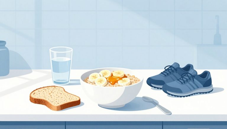 Bol d’avoine, banane, pain complet, eau et chaussures de course sur un comptoir.