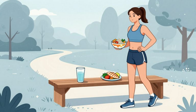 Une coureuse tient un bol de quinoa, légumes rôtis et poulet près d’un banc.