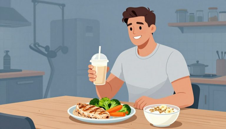 Un athlète présente un repas composé de poulet, riz, légumes et yaourt grec.
