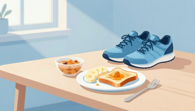 Une assiette avec banane, tartine au miel et compote près de chaussures de course.