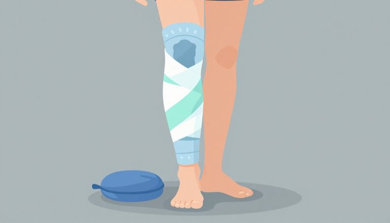 Jambe fléchie avec genou gonflé, poche de glace et bandage de compression.