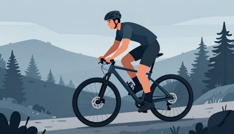 Un vététiste grimpe sur un sentier boisé, penché sur son vélo tout-suspendu.