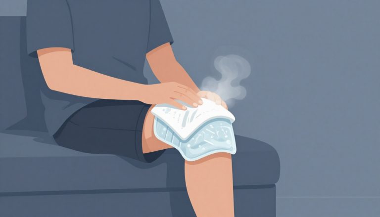 Un adulte pose une poche de glace sur son genou gonflé, la jambe droite surélevée.